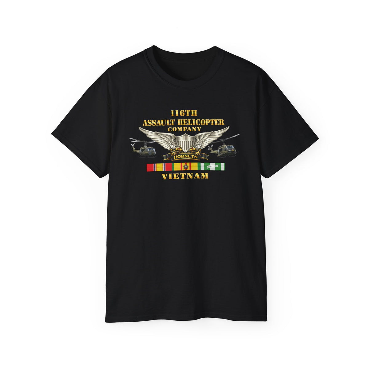 Unisex Ultra Cotton Tee - Army - 116th Assault Helicopter Co w  Aviator Badge w VN SVC - HORNETS - Side X Side - 3D - Enhanced
