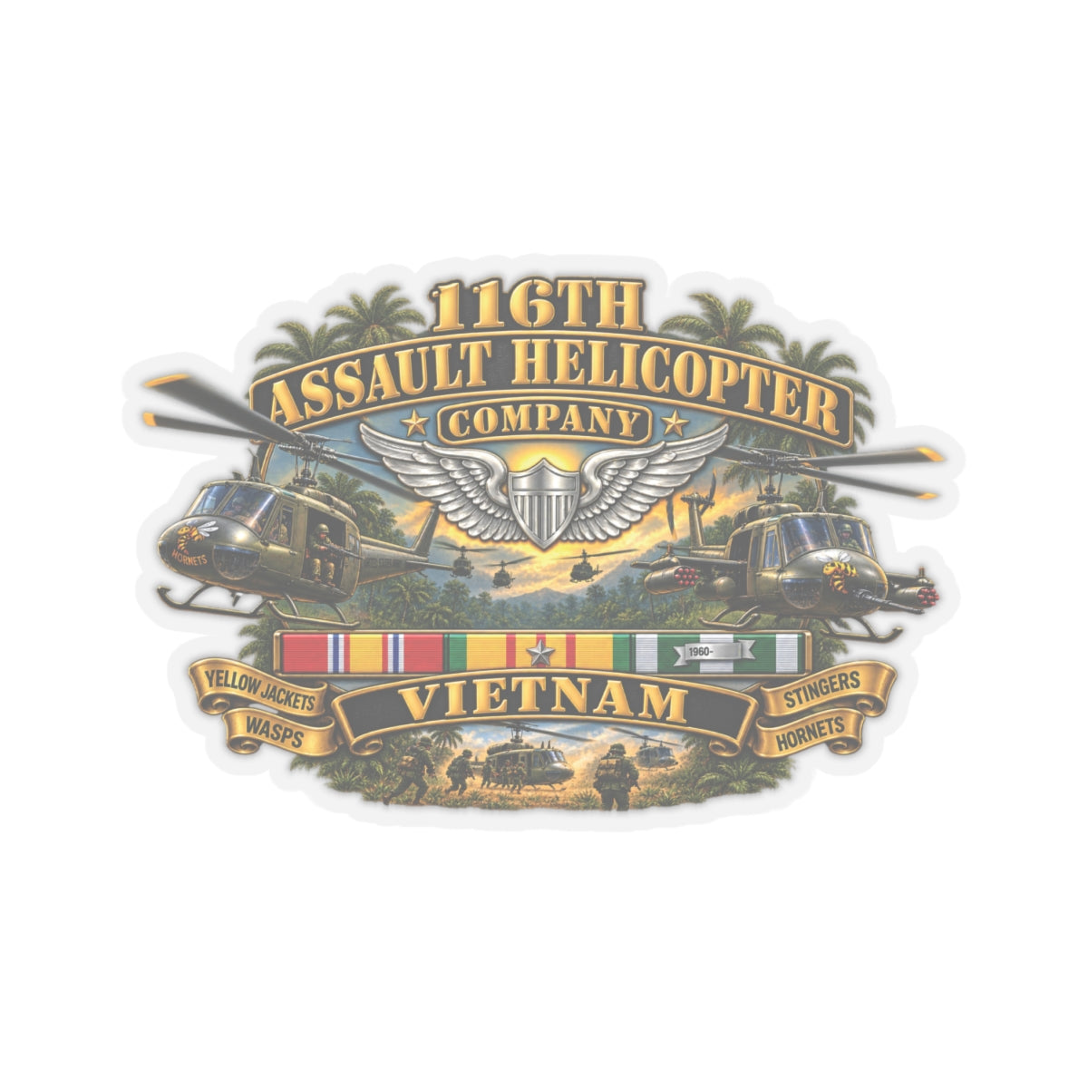 Kiss-Cut Stickers - Army - 116th Assault Helicopter Co w  Aviator Badge w VN SVC - HORNETS - 3D - Enhanced