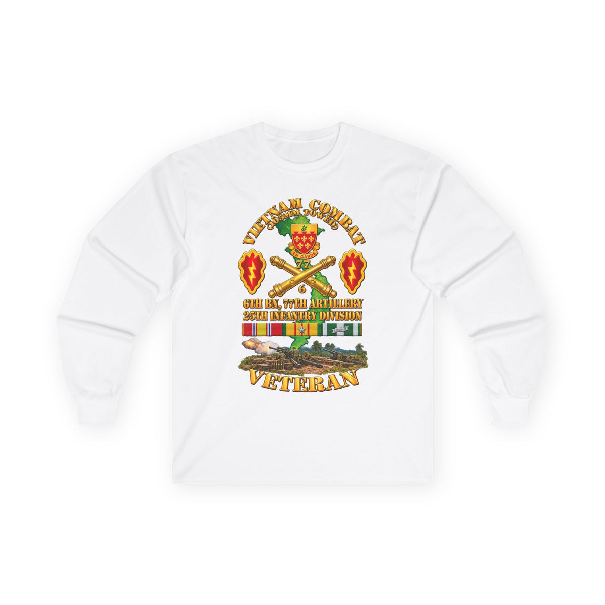 Unisex Ultra Cotton Long Sleeve Tee - Army - Vietnam Combat Veteran w 6th Bn 77th Artillery DUI -25th Infantry Div w Fire Mission Scene - 3D - Transparent
