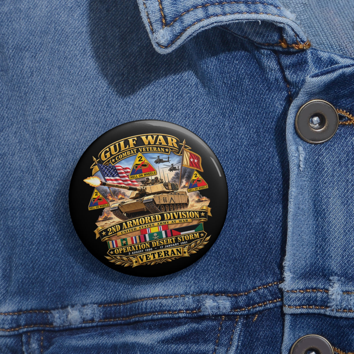 Custom Pin Buttons - Army - Desert Storm - 2nd Armored Div - Combat Vereran Veteran w GULF SVC - 3D - Enhanced