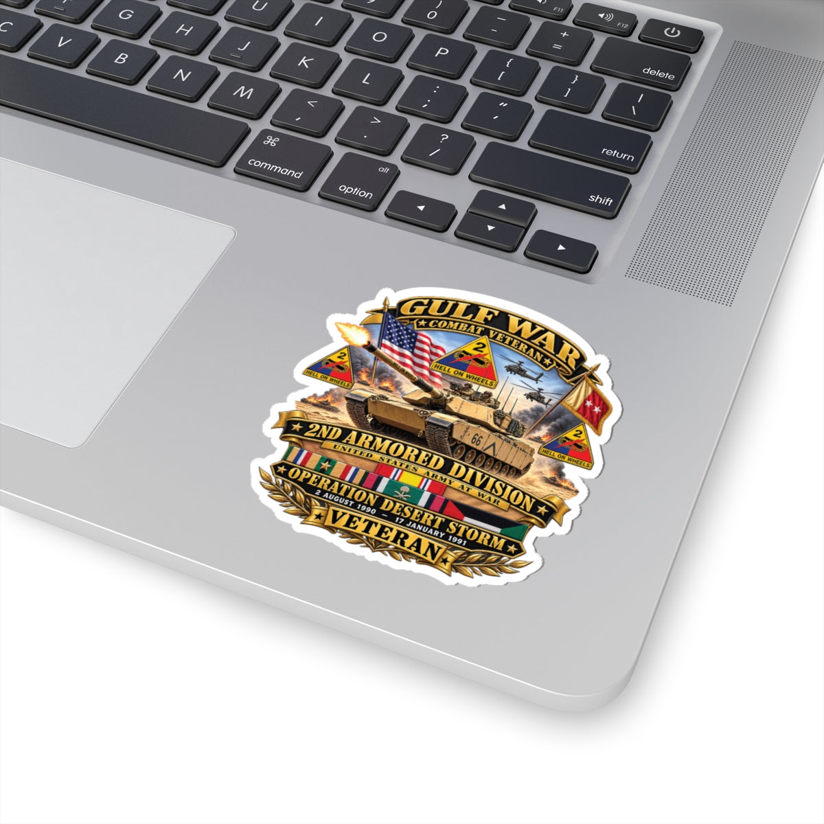 Kiss-Cut Stickers - Army - Desert Storm - 2nd Armored Div - Combat Vereran Veteran w GULF SVC - 3D - Enhanced