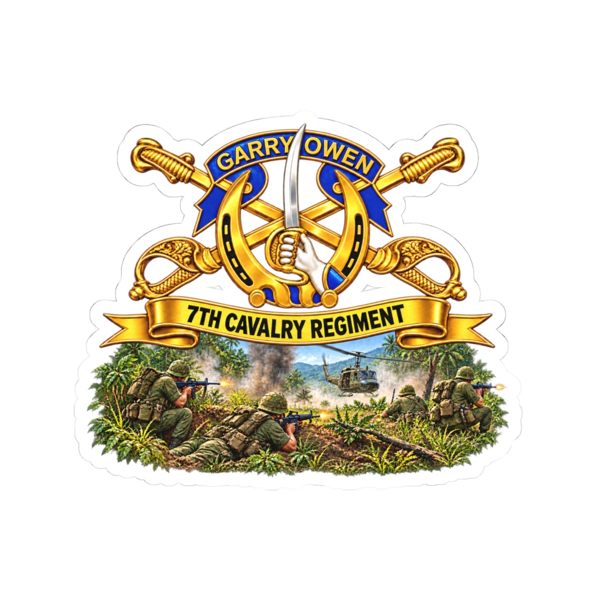 Kiss-Cut Stickers - 7th Cavalry Regiment - DUI, Br, Ribbon w  Battle of Ia drang Valley Scene - Vietnam - 3D - Transparent
