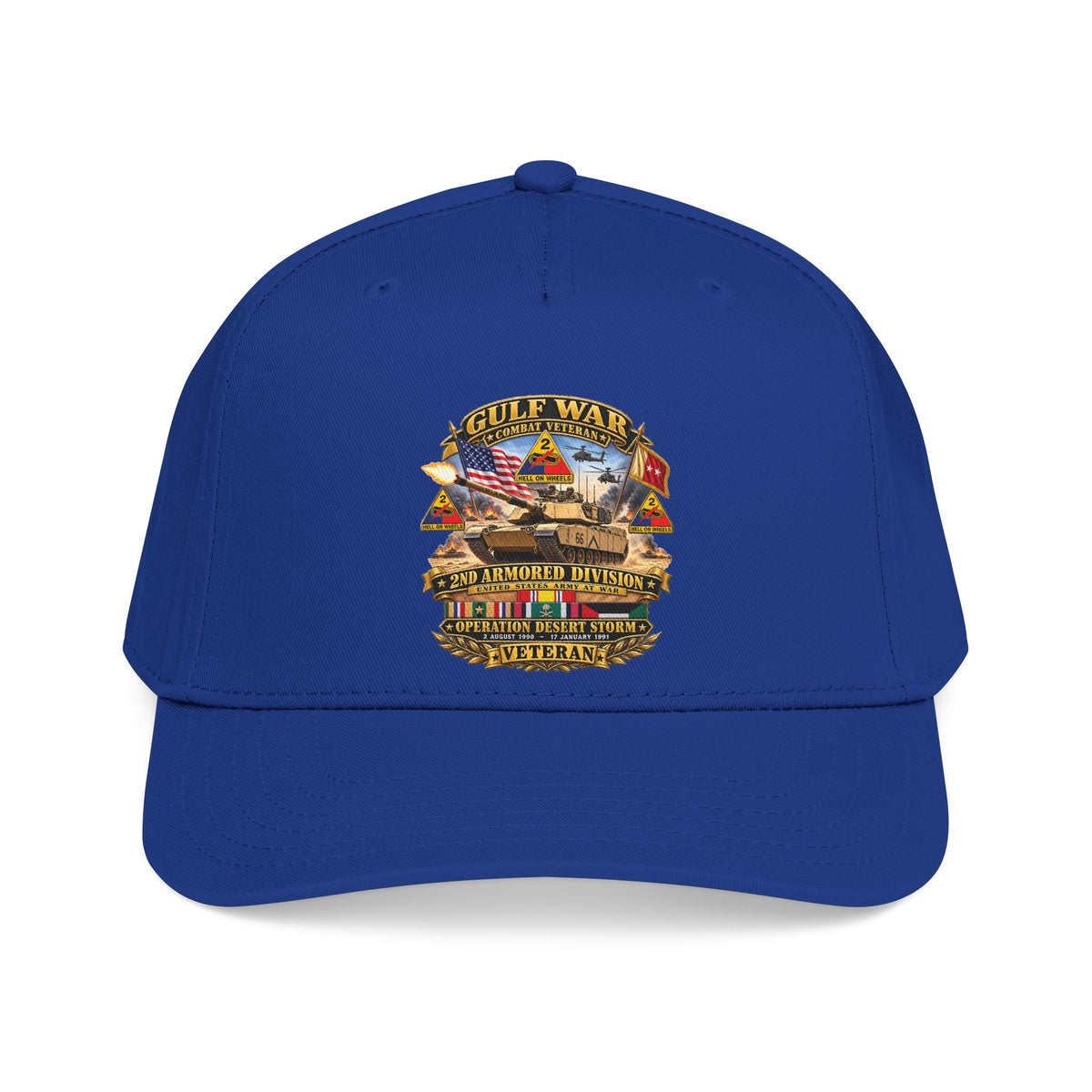 Mid Profile Baseball Cap - Army - Desert Storm - 2nd Armored Div - Combat Vereran Veteran w GULF SVC - 3D - Enhanced