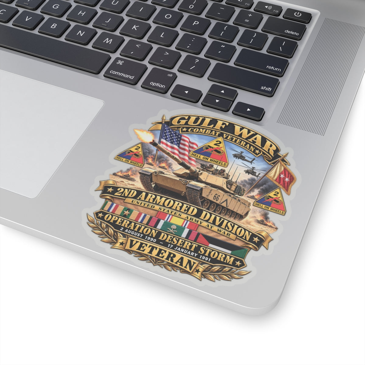 Kiss-Cut Stickers - Army - Desert Storm - 2nd Armored Div - Combat Vereran Veteran w GULF SVC - 3D - Enhanced