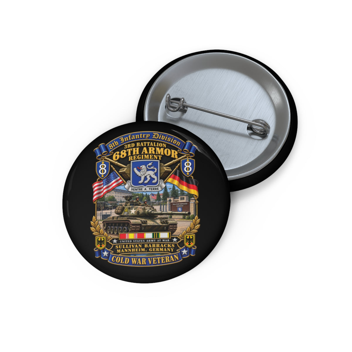 Custom Pin Buttons - 8th Infantry Division Scroll - 3rd Bn 68th Armor Regiment - Sullivan Barracks, Mannheim, Germany - Cold War Vet w COLD SVC - 3D - Enhanced