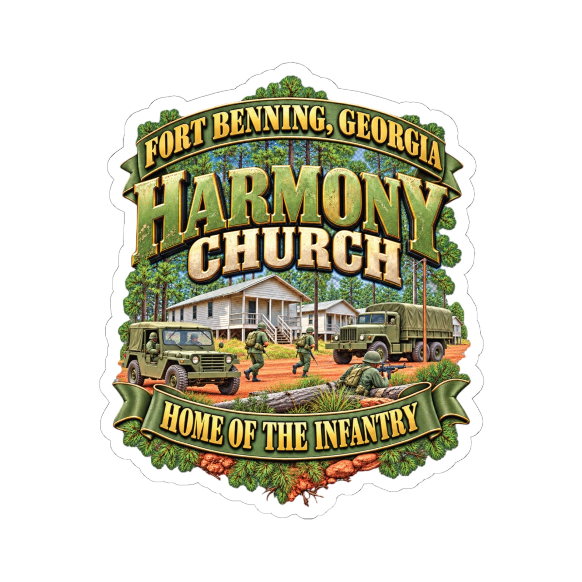 Kiss-Cut Stickers - Fort Benning, Georgia, Harmony Church - Home of the Infantry - 3D - Enhanced