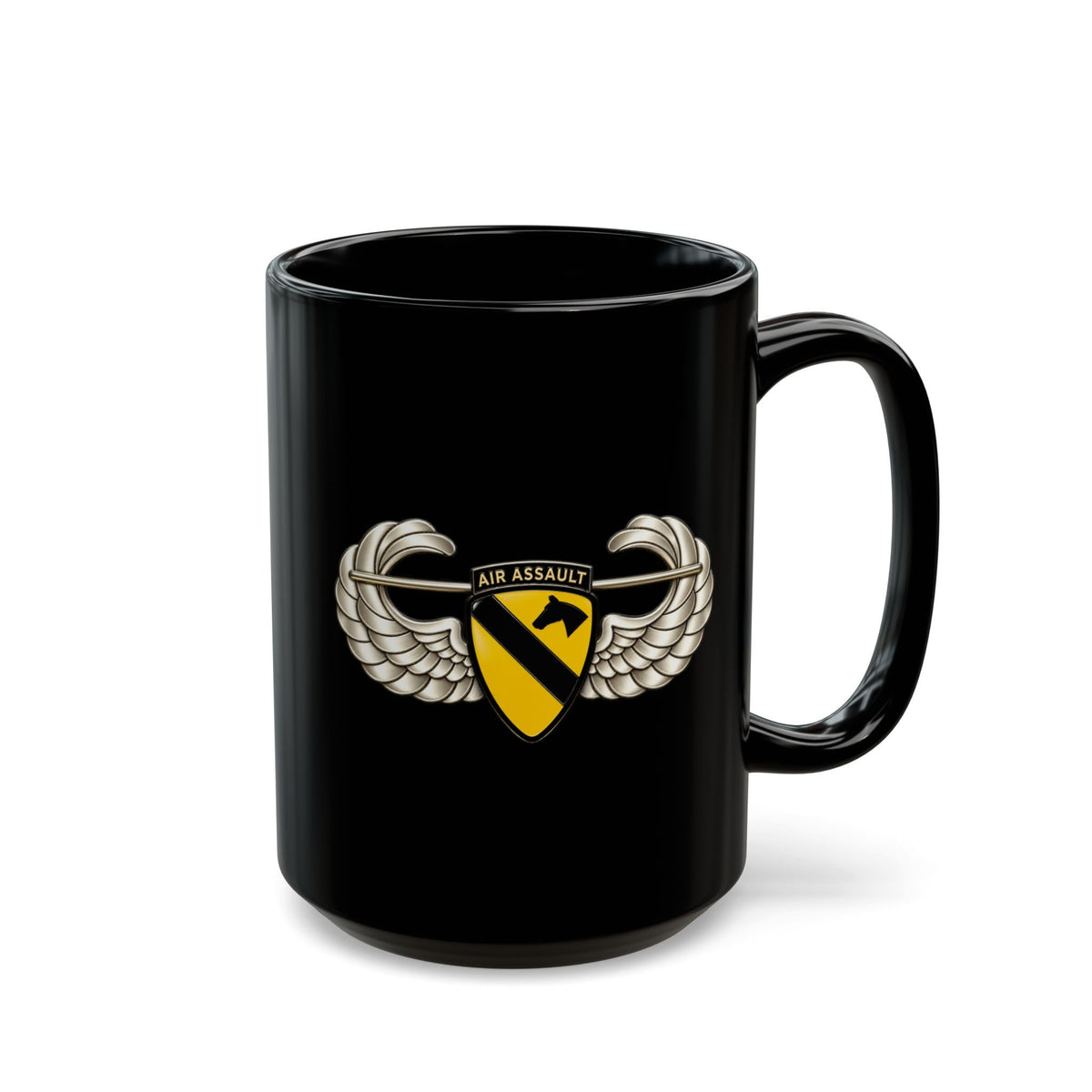 Black Mug  (15oz) - 1st Cavalry Division w Air Assault Tab on Airborne Badge wo Txt - 3D - Transparent