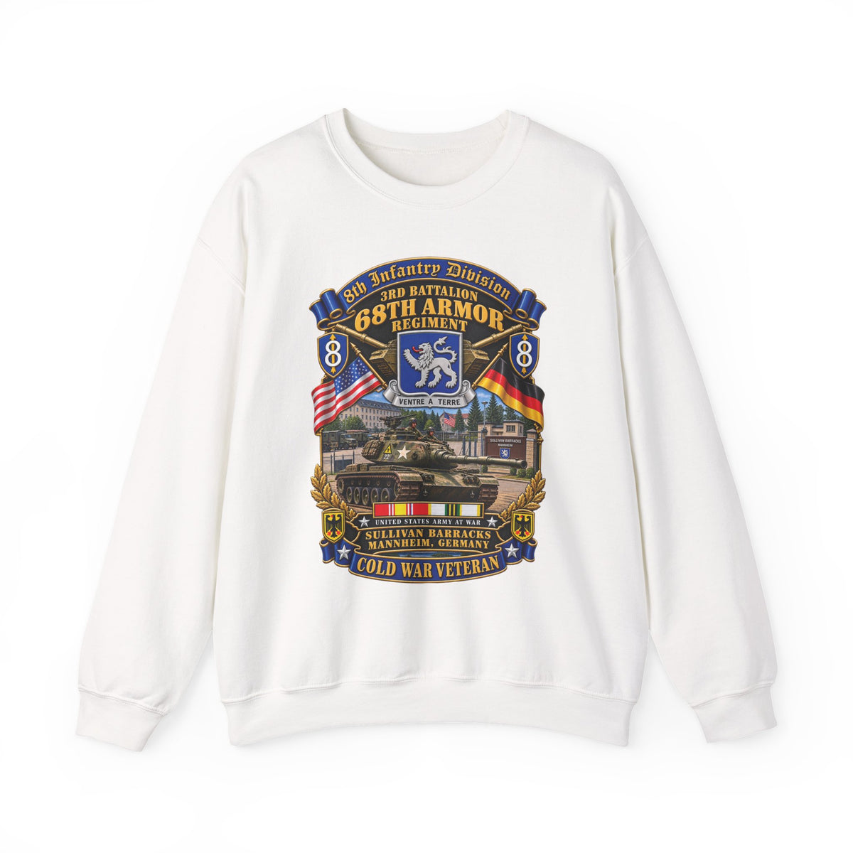 Crewneck Sweatshirt - 8th Infantry Division Scroll - 3rd Bn 68th Armor Regiment - Sullivan Barracks, Mannheim, Germany - Cold War Vet w COLD SVC - 3D - Enhanced