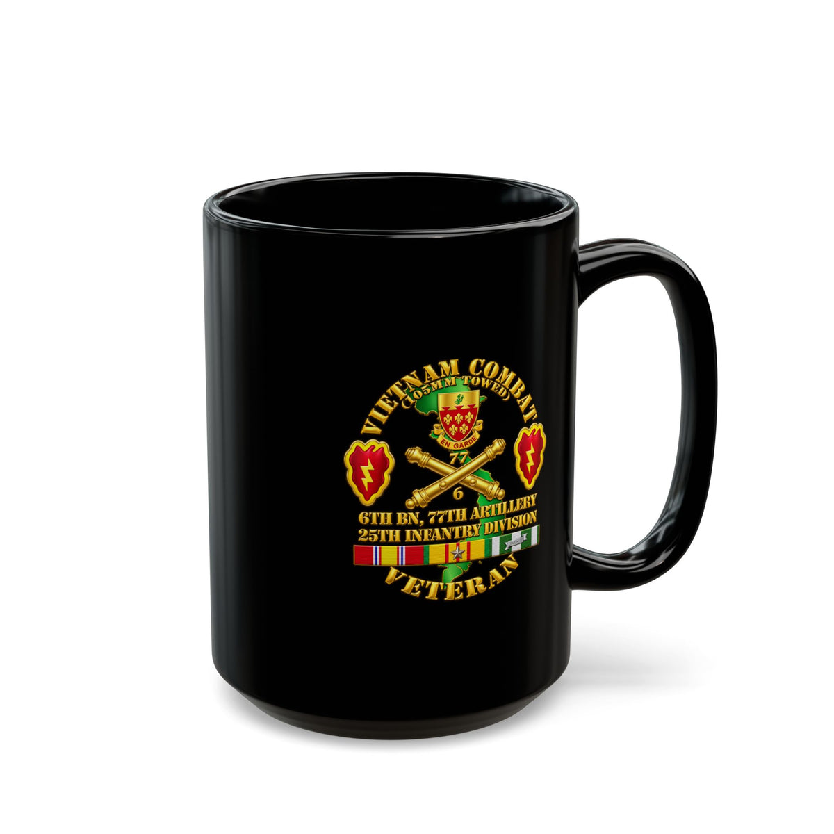 Black Mug  (15oz) - Army - Vietnam Combat Veteran w 6th Bn 77th Artillery DUI -25th Infantry Div - 3D - Transparent