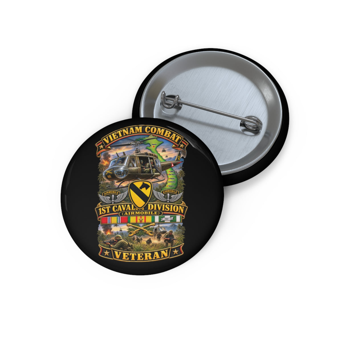 Custom Pin Buttons - Army - Vietnam Combat Cavalry Veteran w 1st Cav Div SSI  Big Helo - 3D - Enhanced