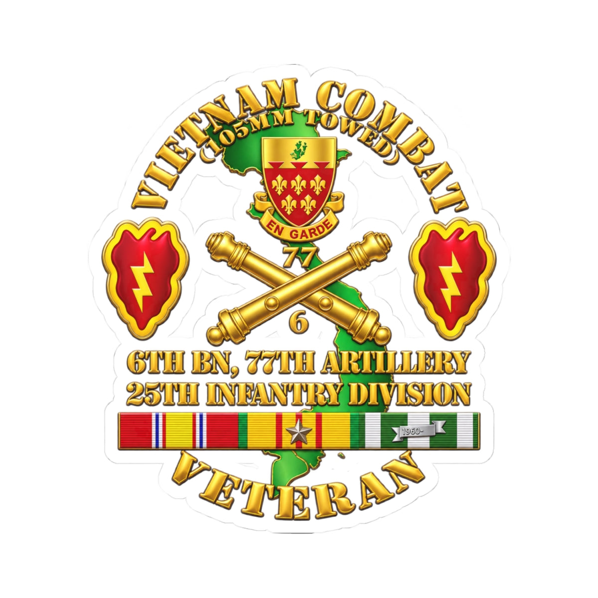 Kiss-Cut Stickers - Army - Vietnam Combat Veteran w 6th Bn 77th Artillery DUI -25th Infantry Div - 3D - Transparent