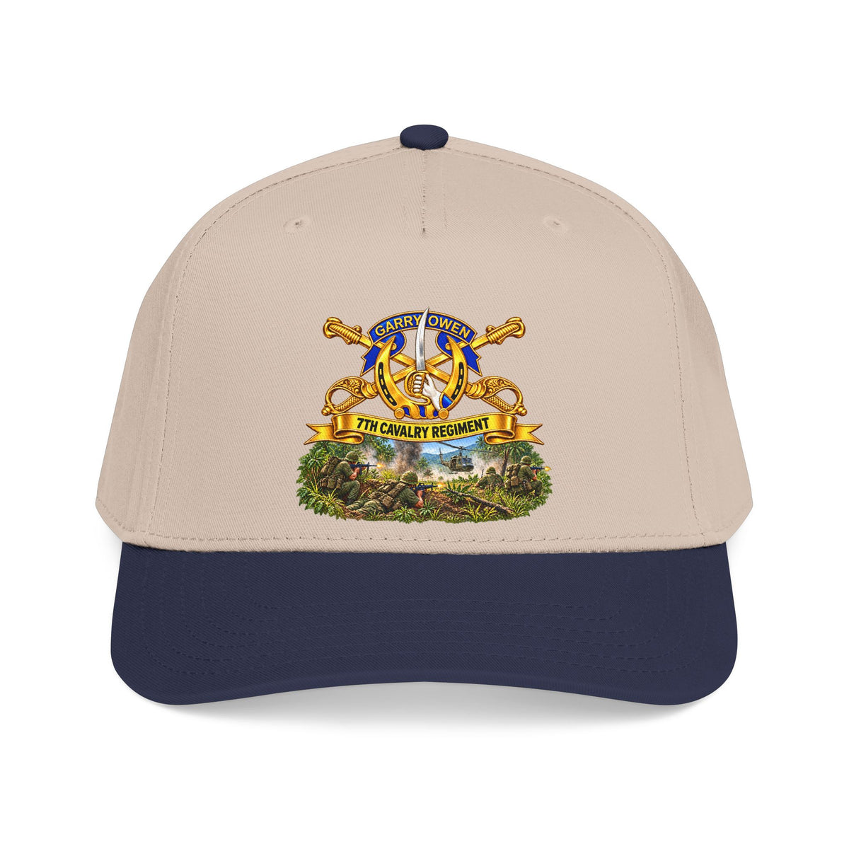 Mid Profile Baseball Cap — 7th Cavalry Regiment - DUI, Br, Ribbon w  Battle of Ia drang Valley Scene - Vietnam - 3D - Transparent