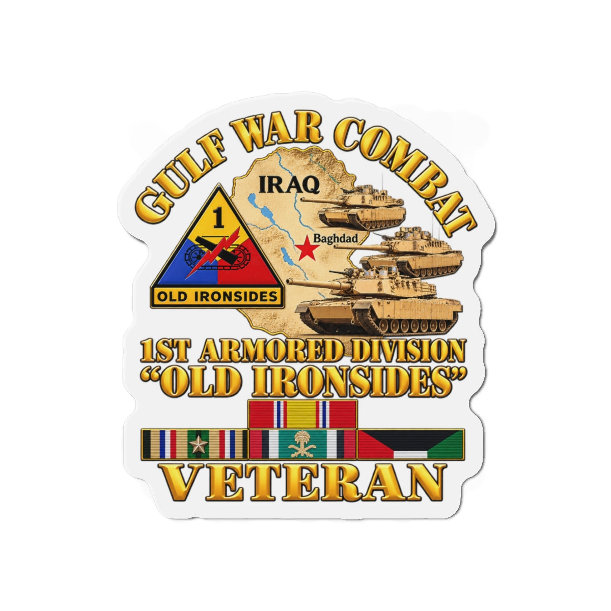 Die-Cut Magnets — Army - Gulf War Combat - 1st Armored Divi - Old Ironsides - Veteran - Map w GULF SVC - 3D - Enhanced