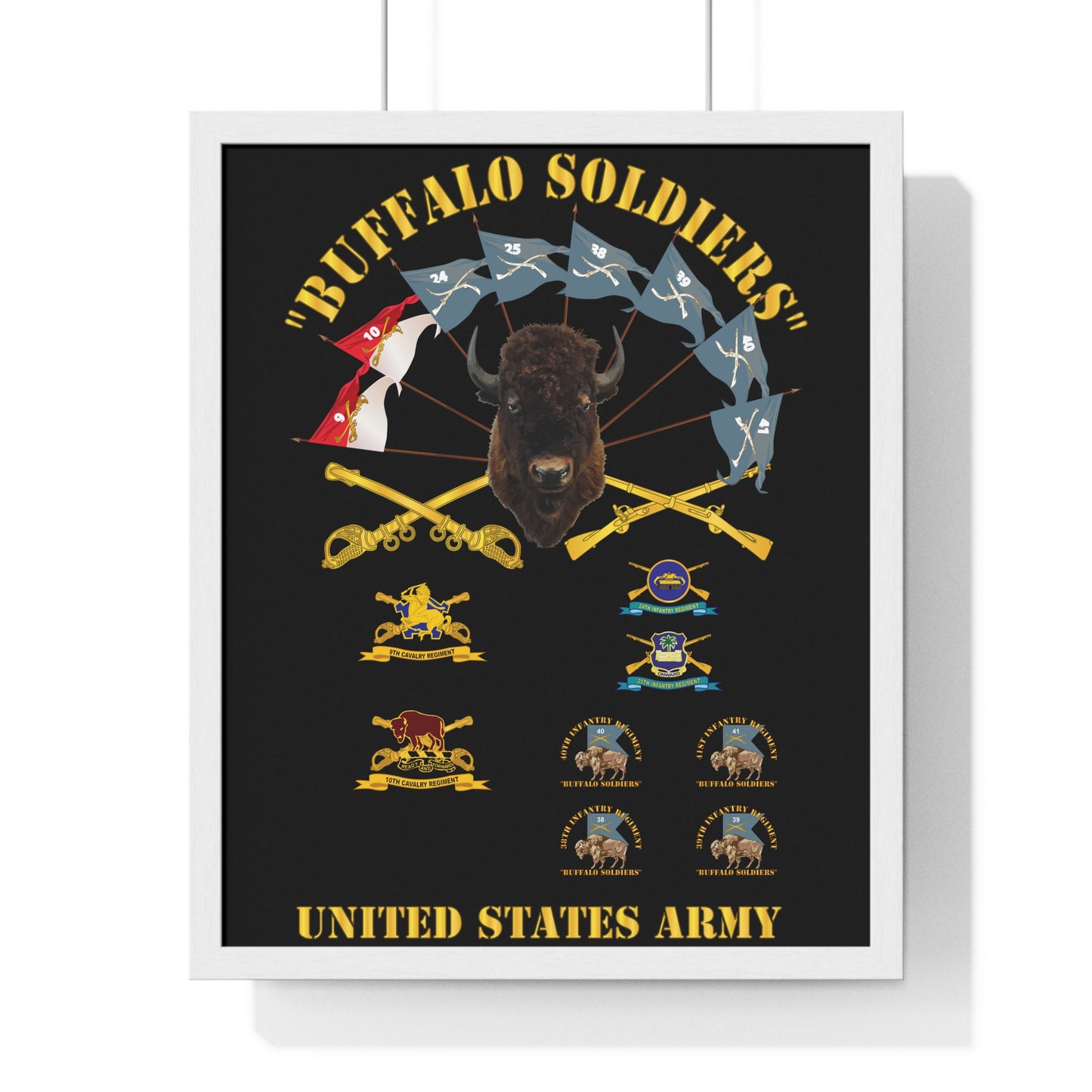 Vertical Framed Poster - Buffalo Soldiers Infantry Cavalry Guidons with Buffalo Head and Unit Crests US Army
