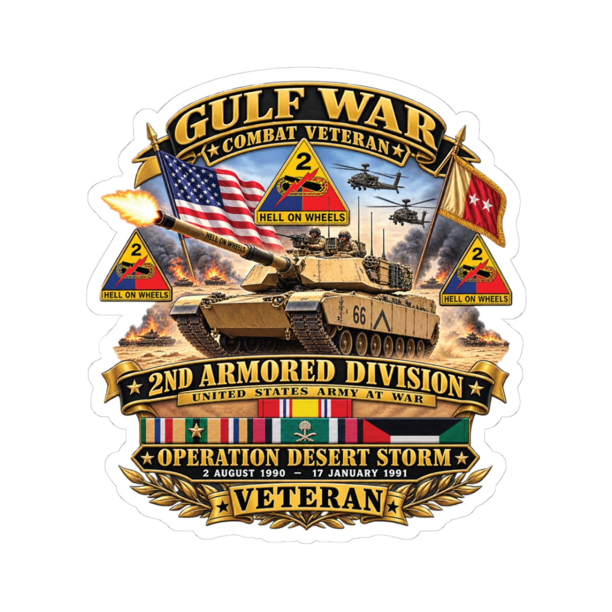Kiss-Cut Stickers - Army - Desert Storm - 2nd Armored Div - Combat Vereran Veteran w GULF SVC - 3D - Enhanced