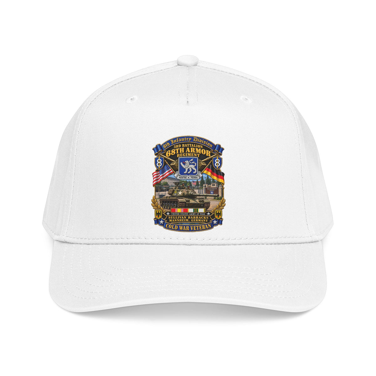 Mid Profile Baseball Cap - 8th Infantry Division Scroll - 3rd Bn 68th Armor Regiment - Sullivan Barracks, Mannheim, Germany - Cold War Vet w COLD SVC - 3D - Enhanced