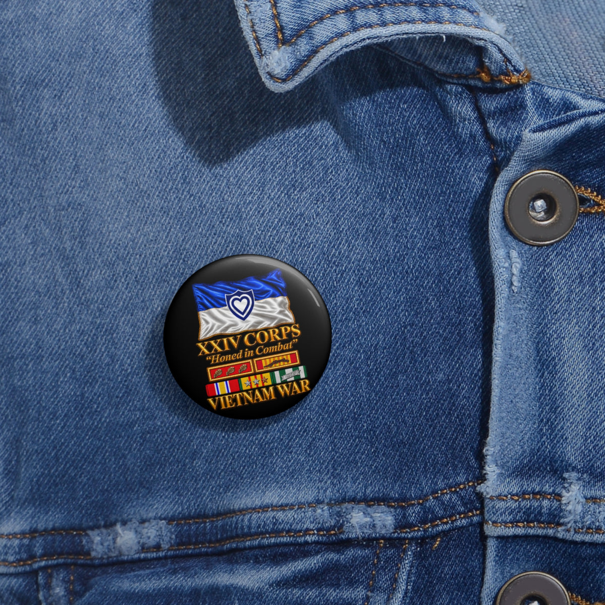 Custom Pin Buttons - Army - XXIV Corps Flag - Waving - Ribbons - Meritorious Awards - Vietnam War - 3D - Transparent