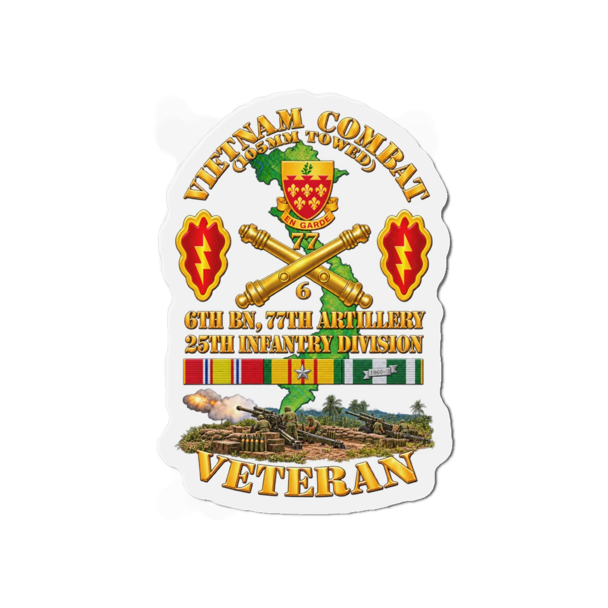Die-Cut Magnets — Army - Vietnam Combat Veteran w 6th Bn 77th Artillery DUI -25th Infantry Div w Fire Mission Scene - 3D - Transparent