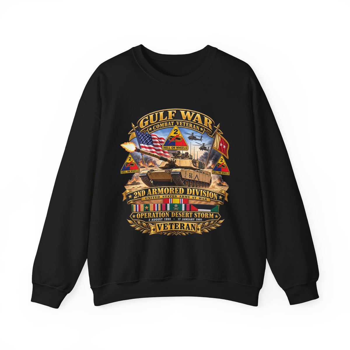 Crewneck Sweatshirt - Army - Desert Storm - 2nd Armored Div - Combat Vereran Veteran w GULF SVC - 3D - Enhanced