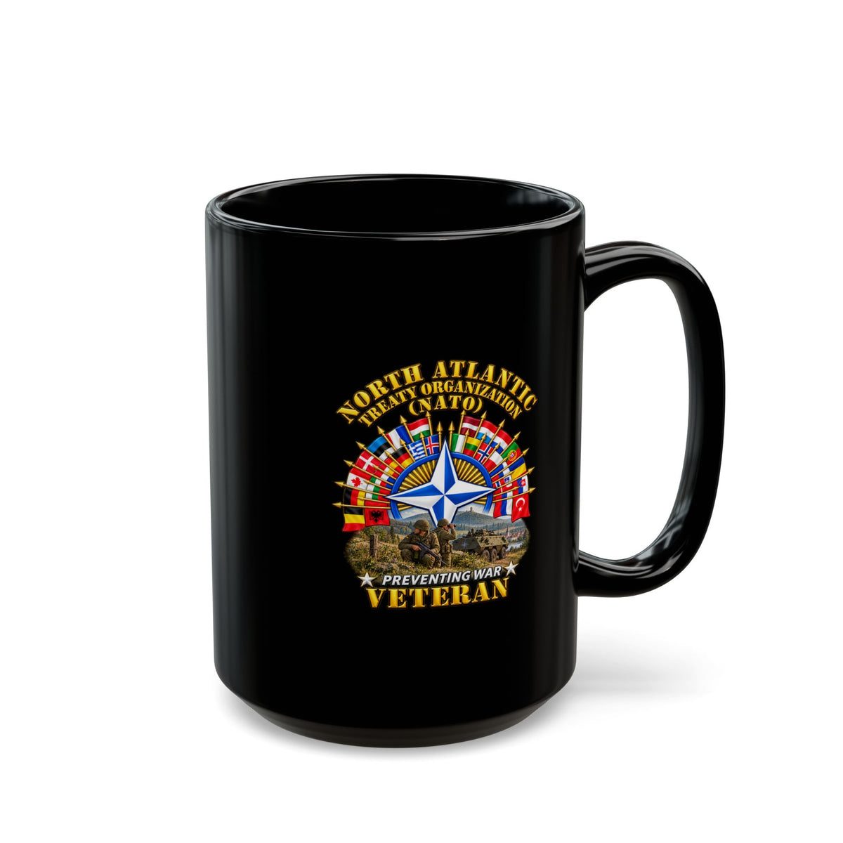 Black Mug  (15oz) - NATO - Polished NATO Veteran - with flags - Military Scene - 3D - Transparent