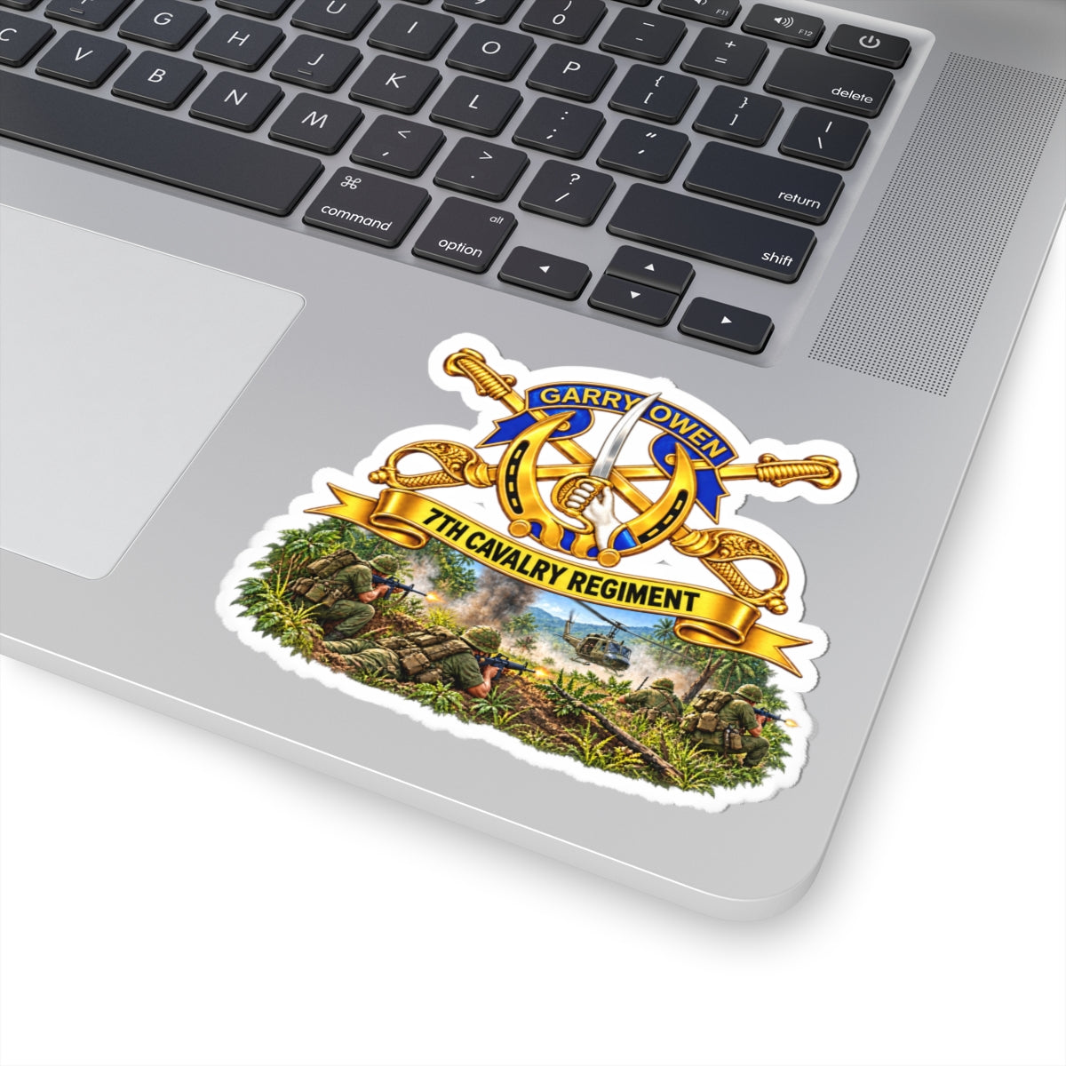 Kiss-Cut Stickers - 7th Cavalry Regiment - DUI, Br, Ribbon w  Battle of Ia drang Valley Scene - Vietnam - 3D - Transparent