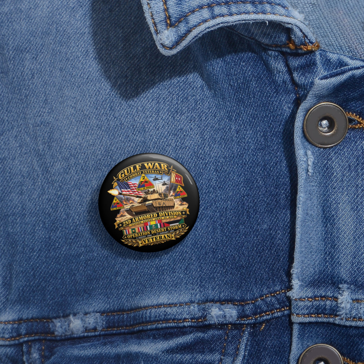 Custom Pin Buttons - Army - Desert Storm - 2nd Armored Div - Combat Vereran Veteran w GULF SVC - 3D - Enhanced