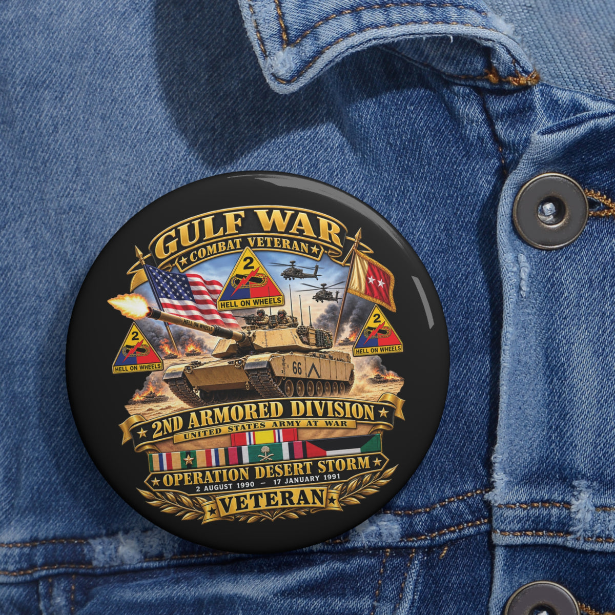 Custom Pin Buttons - Army - Desert Storm - 2nd Armored Div - Combat Vereran Veteran w GULF SVC - 3D - Enhanced