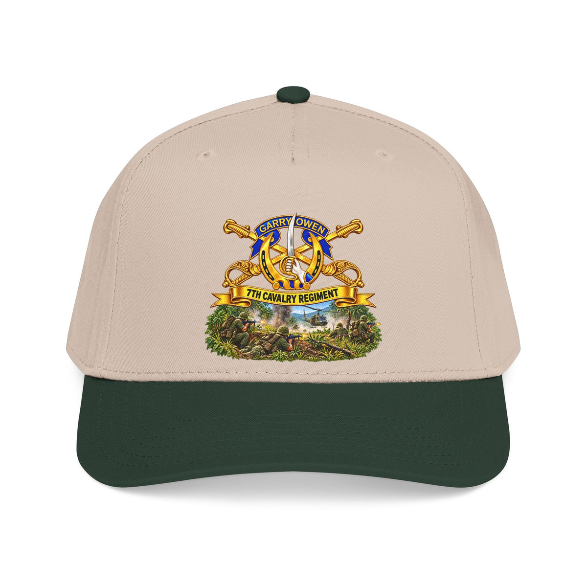 Mid Profile Baseball Cap — 7th Cavalry Regiment - DUI, Br, Ribbon w  Battle of Ia drang Valley Scene - Vietnam - 3D - Transparent