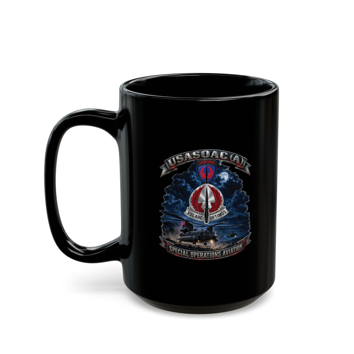 Black Mug  (15oz) - USA Special Operations Aviation Command (Airborne) - SSI, DUI with Scene - 3D - Enhanced
