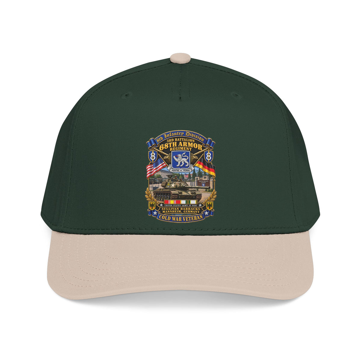 Mid Profile Baseball Cap - 8th Infantry Division Scroll - 3rd Bn 68th Armor Regiment - Sullivan Barracks, Mannheim, Germany - Cold War Vet w COLD SVC - 3D - Enhanced