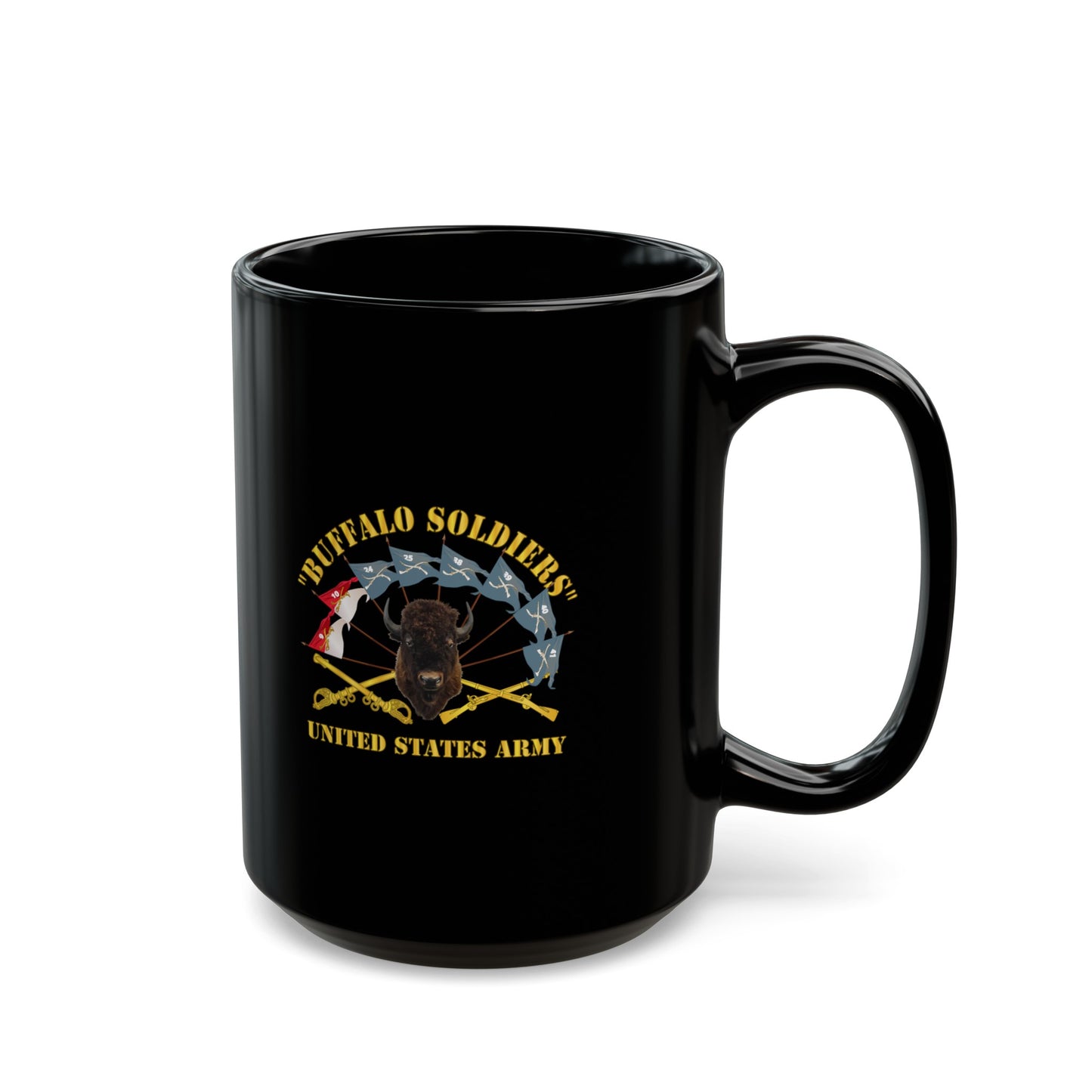 Black Mug 15oz - Army - Buffalo Soldiers - Infantry - Cavalry Guidons w Buffalo Head - US Army X 300