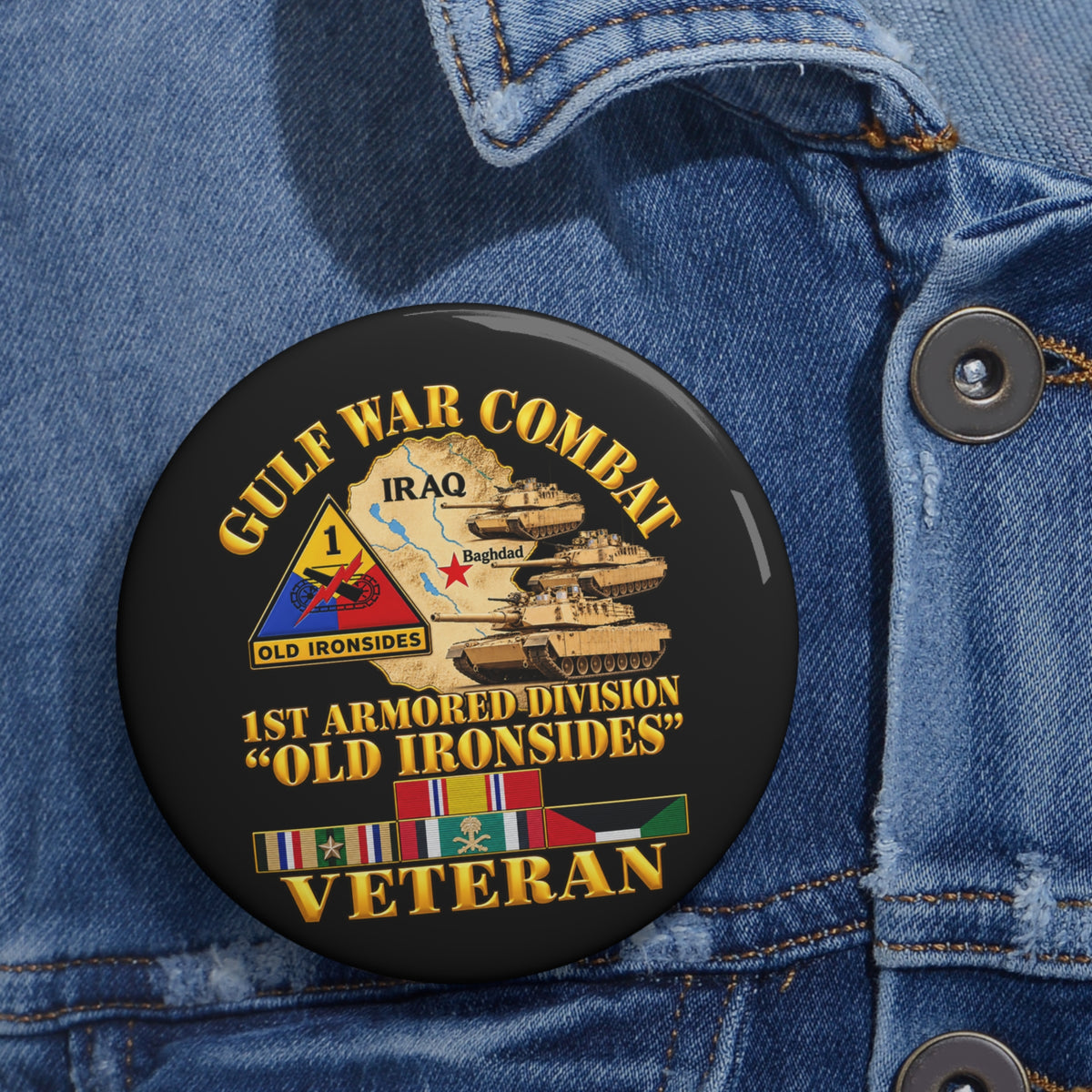 Custom Pin Buttons - Army - Gulf War Combat - 1st Armored Divi - Old Ironsides - Veteran - Map w GULF SVC - 3D - Enhanced