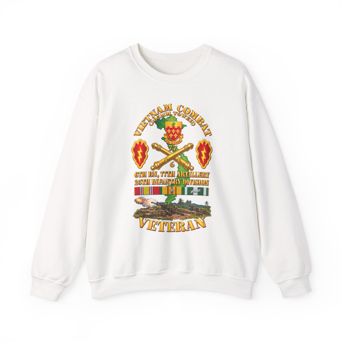 Crewneck Sweatshirt - Army - Vietnam Combat Veteran w 6th Bn 77th Artillery DUI -25th Infantry Div w Fire Mission Scene - 3D - Transparent