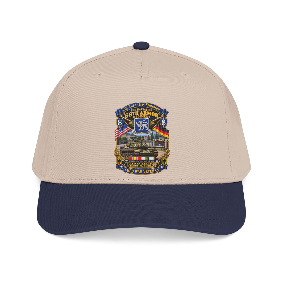 Mid Profile Baseball Cap - 8th Infantry Division Scroll - 3rd Bn 68th Armor Regiment - Sullivan Barracks, Mannheim, Germany - Cold War Vet w COLD SVC - 3D - Enhanced