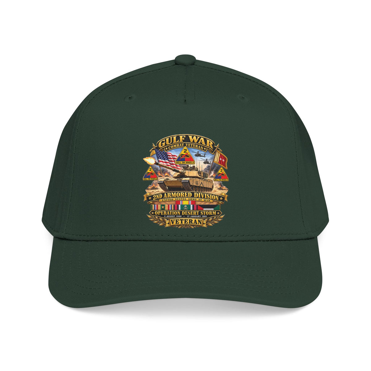 Mid Profile Baseball Cap - Army - Desert Storm - 2nd Armored Div - Combat Vereran Veteran w GULF SVC - 3D - Enhanced