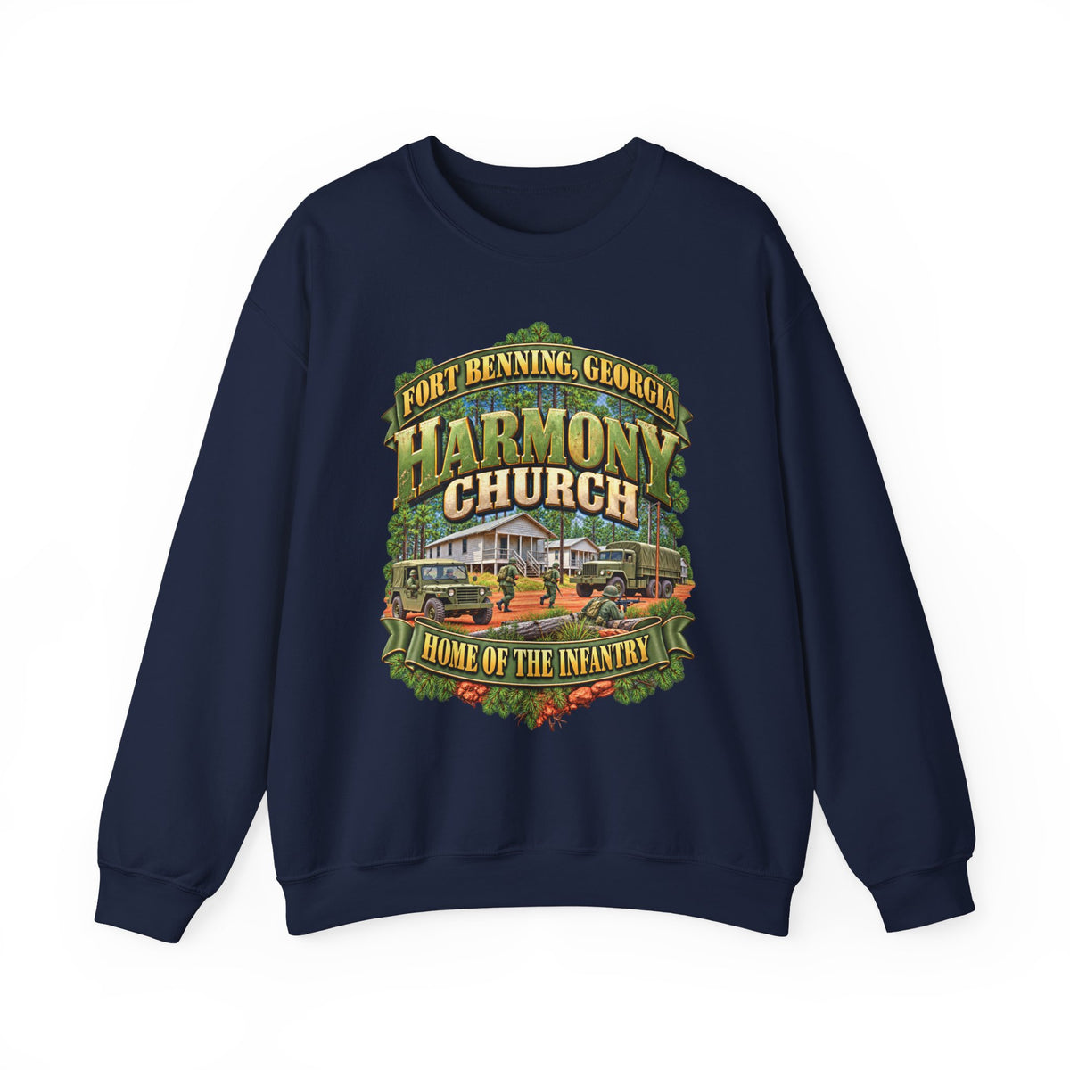 Crewneck Sweatshirt - Fort Benning, Georgia, Harmony Church - Home of the Infantry - 3D - Enhanced
