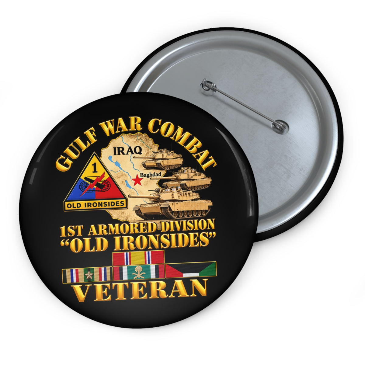 Custom Pin Buttons - Army - Gulf War Combat - 1st Armored Divi - Old Ironsides - Veteran - Map w GULF SVC - 3D - Enhanced