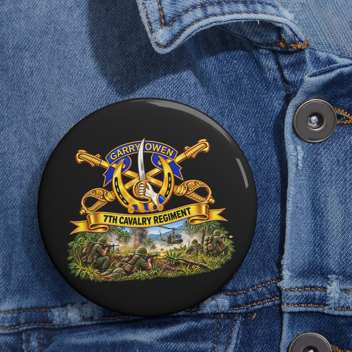 Custom Pin Buttons - 7th Cavalry Regiment - DUI, Br, Ribbon w  Battle of Ia drang Valley Scene - Vietnam - 3D - Transparent