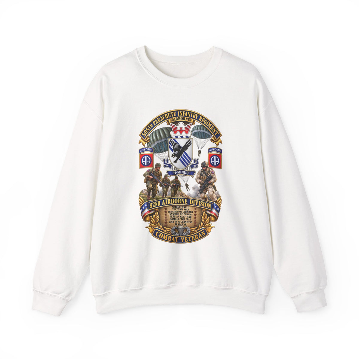 Crewneck Sweatshirt - Army - Combat Vet w 505th PIR - 82nd Airborne  w Campaigns - Soldiers - SSI - 3D - Enhanced
