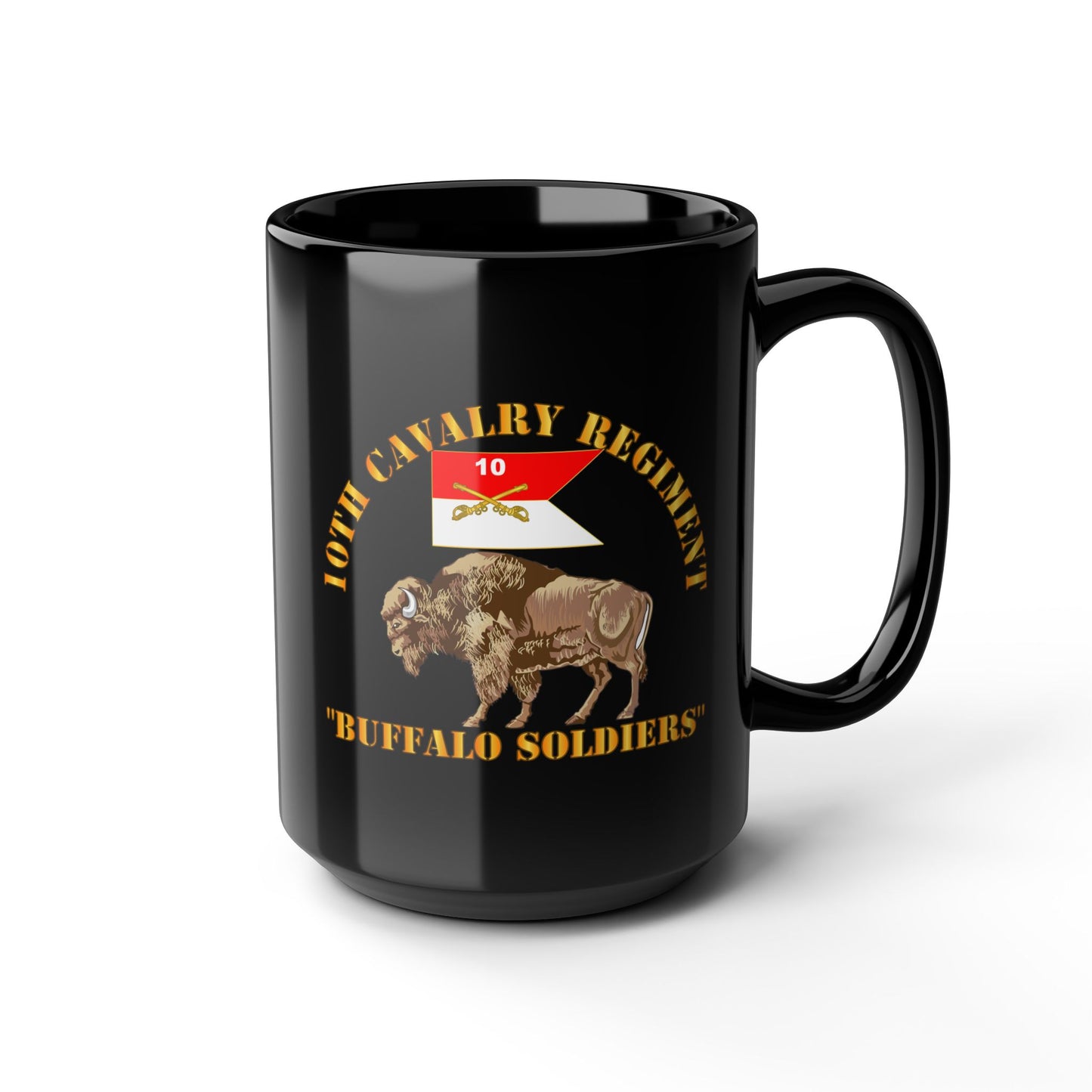 Black Mug 15oz - Army - 10th Cavalry Regiment - Buffalo Soldiers w 10th Cav Guidon