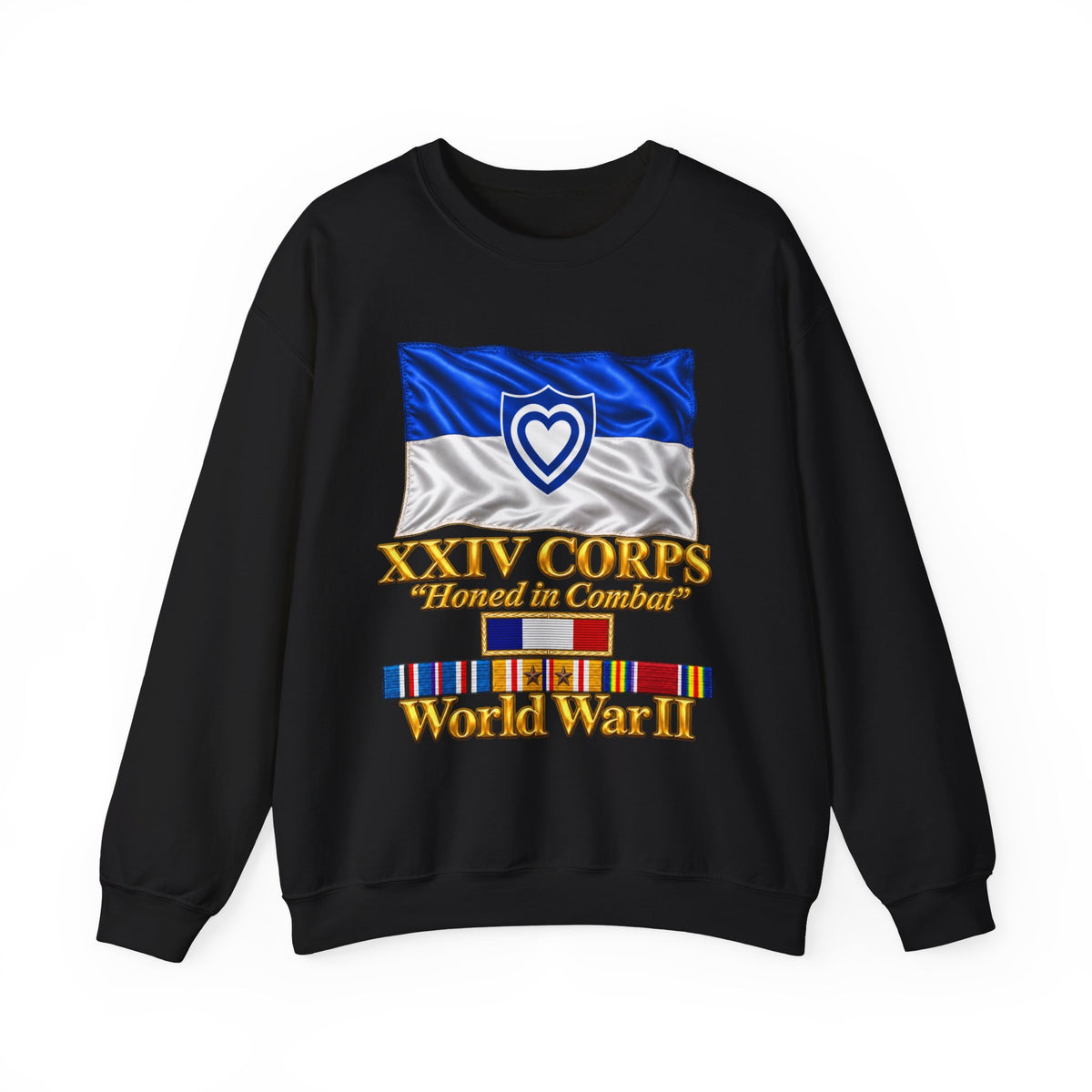 Crewneck Sweatshirt - Army - XXIV Corps Flag - Waving - Ribbons - World War II - 3D - Transparent