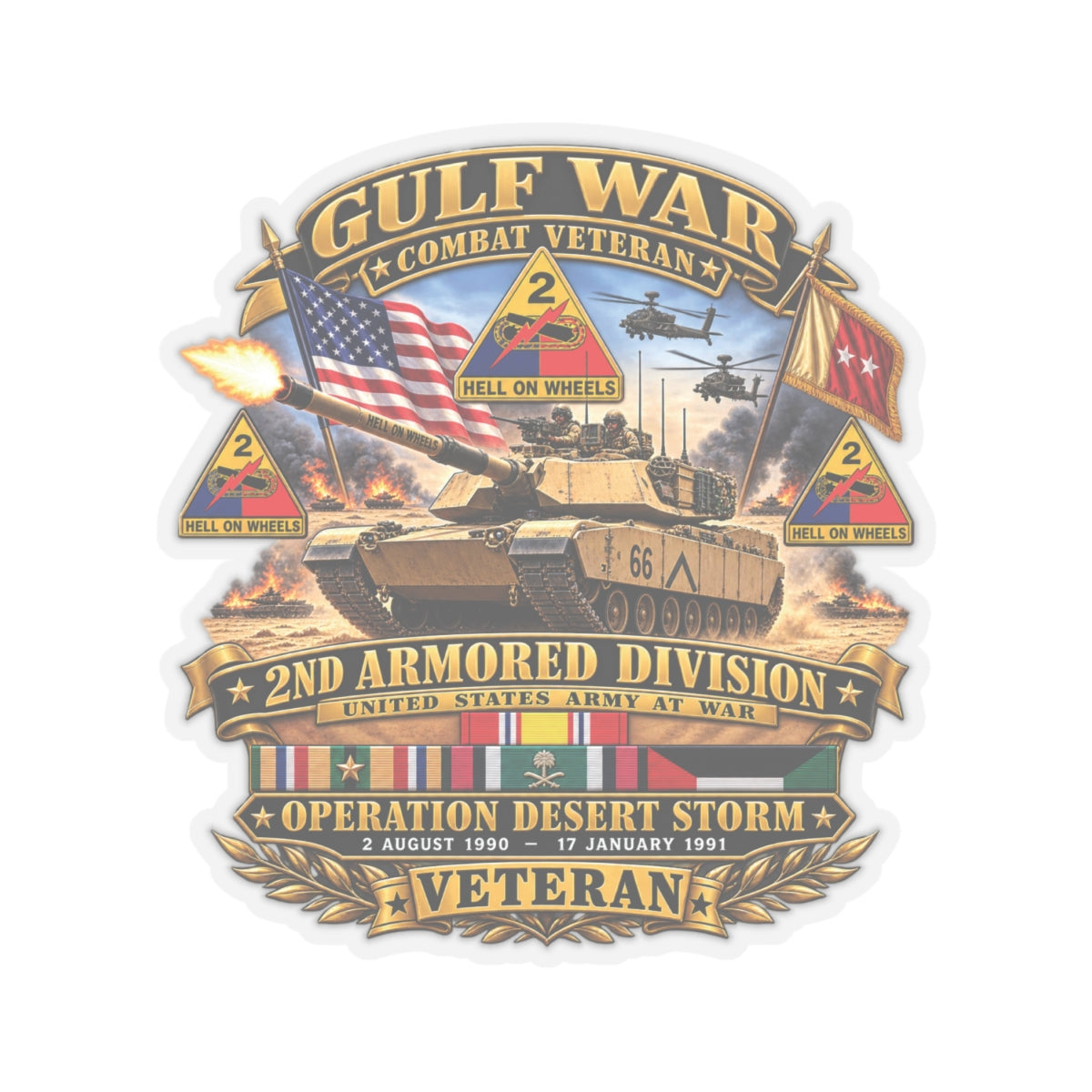 Kiss-Cut Stickers - Army - Desert Storm - 2nd Armored Div - Combat Vereran Veteran w GULF SVC - 3D - Enhanced
