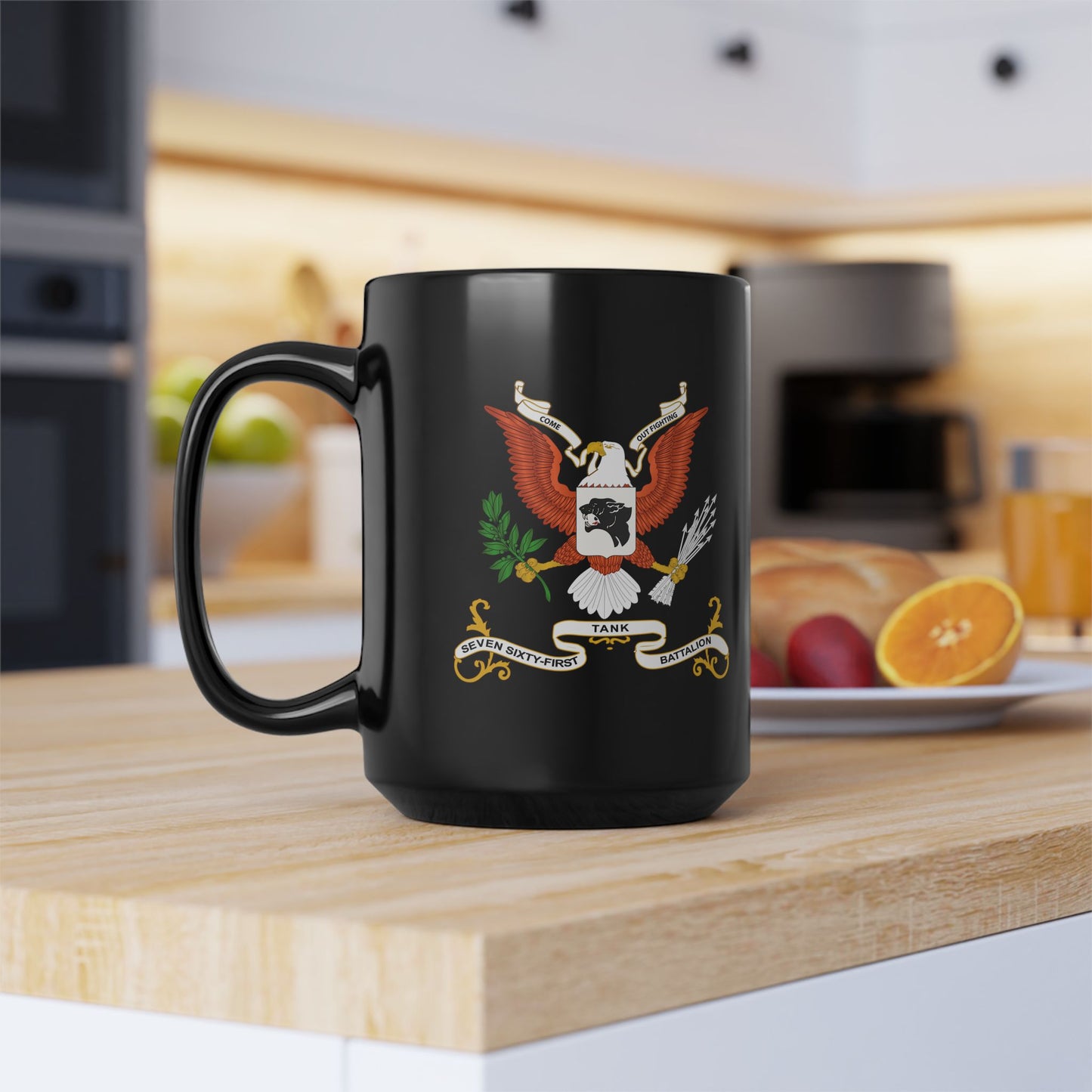 Black Mug 15oz - Army - Regimental Colors - 761st Tank Battalion - Come Out Fighting