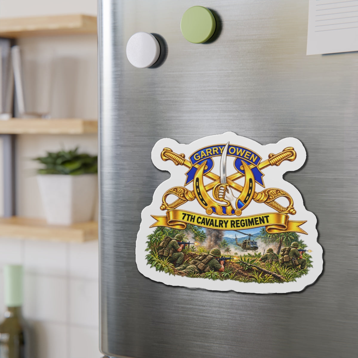 Die-Cut Magnets — 7th Cavalry Regiment - DUI, Br, Ribbon w  Battle of Ia drang Valley Scene - Vietnam - 3D - Transparent