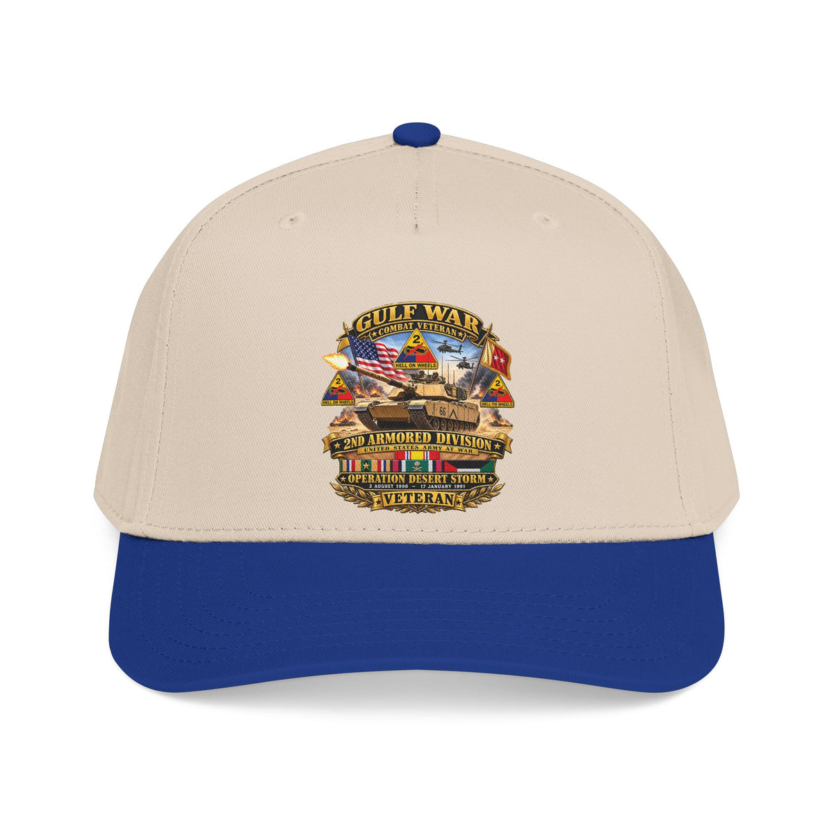 Mid Profile Baseball Cap - Army - Desert Storm - 2nd Armored Div - Combat Vereran Veteran w GULF SVC - 3D - Enhanced