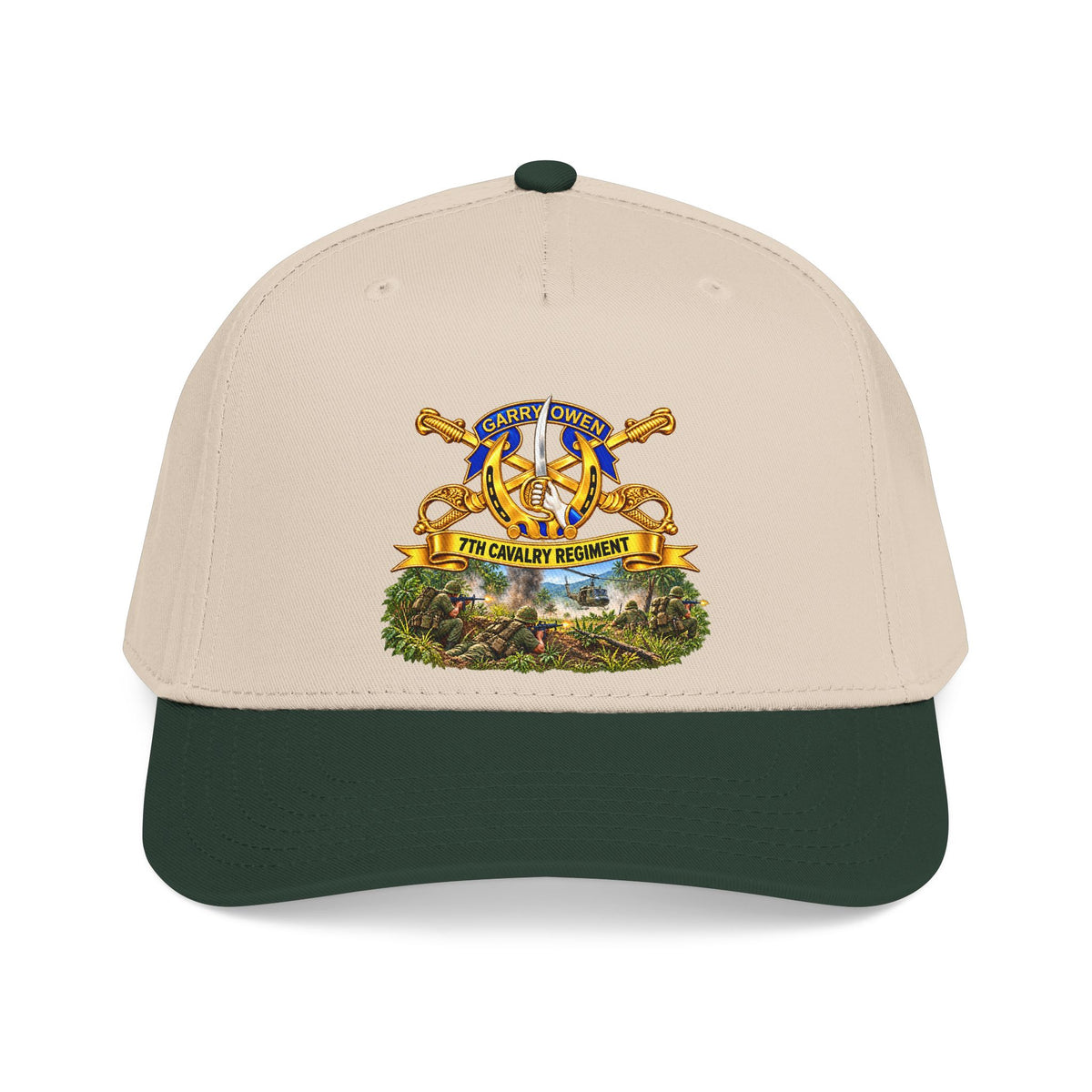 Mid Profile Baseball Cap — 7th Cavalry Regiment - DUI, Br, Ribbon w  Battle of Ia drang Valley Scene - Vietnam - 3D - Transparent