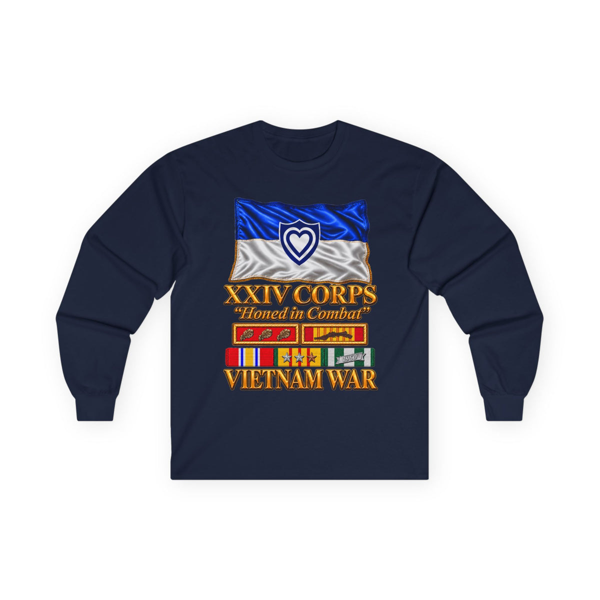 Unisex Ultra Cotton Long Sleeve Tee - Army - XXIV Corps Flag - Waving - Ribbons - Meritorious Awards - Vietnam War - 3D - Transparent