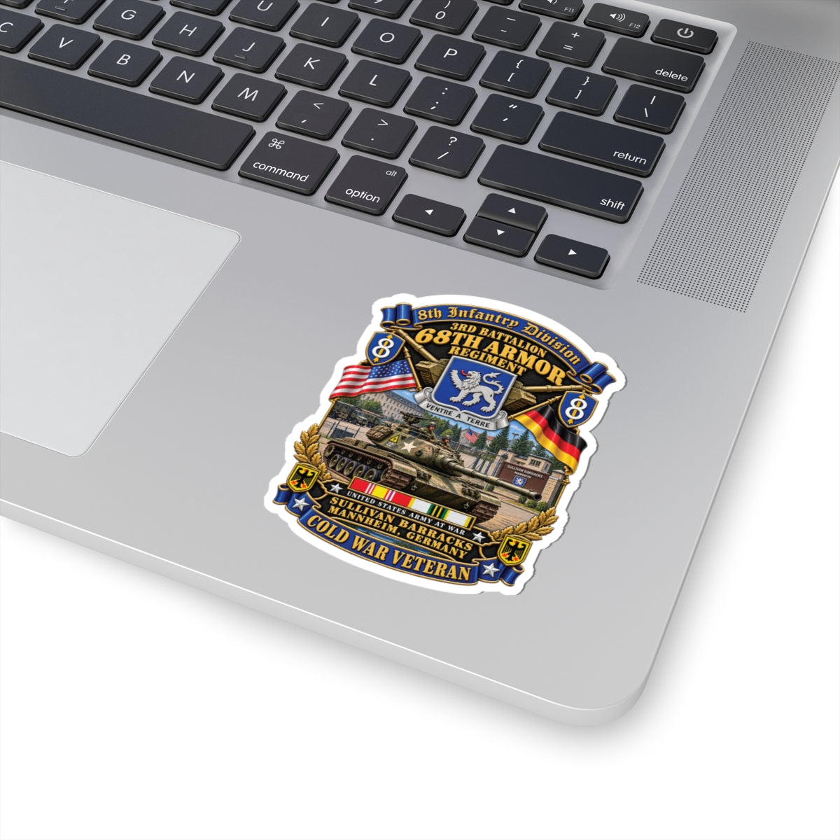 Kiss-Cut Stickers - 8th Infantry Division Scroll - 3rd Bn 68th Armor Regiment - Sullivan Barracks, Mannheim, Germany - Cold War Vet w COLD SVC - 3D - Enhanced