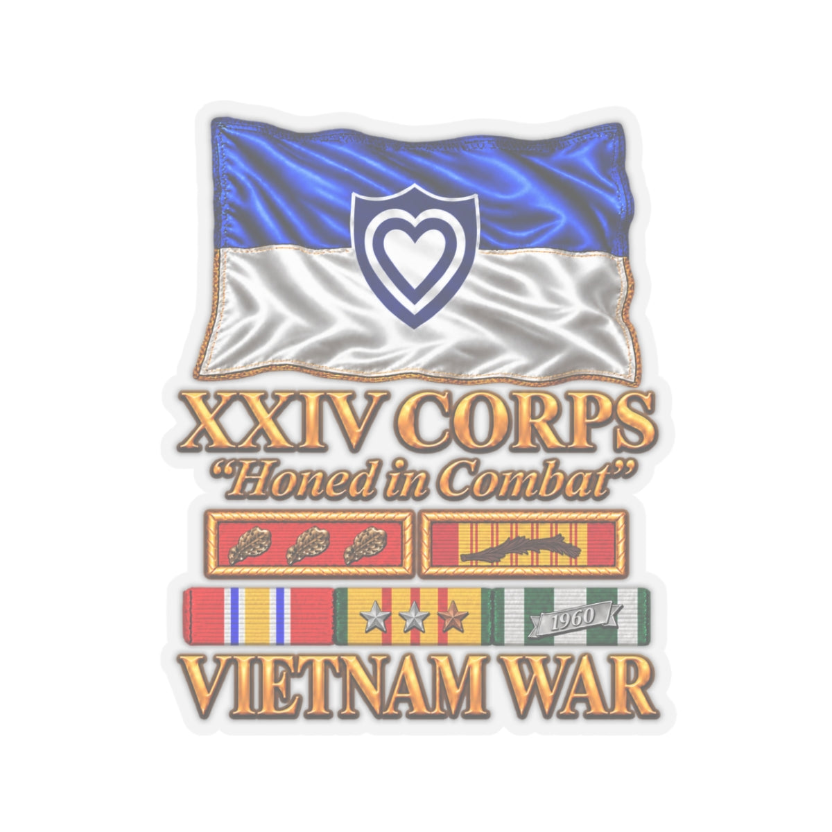 Kiss-Cut Stickers - Army - XXIV Corps Flag - Waving - Ribbons - Meritorious Awards - Vietnam War - 3D - Transparent