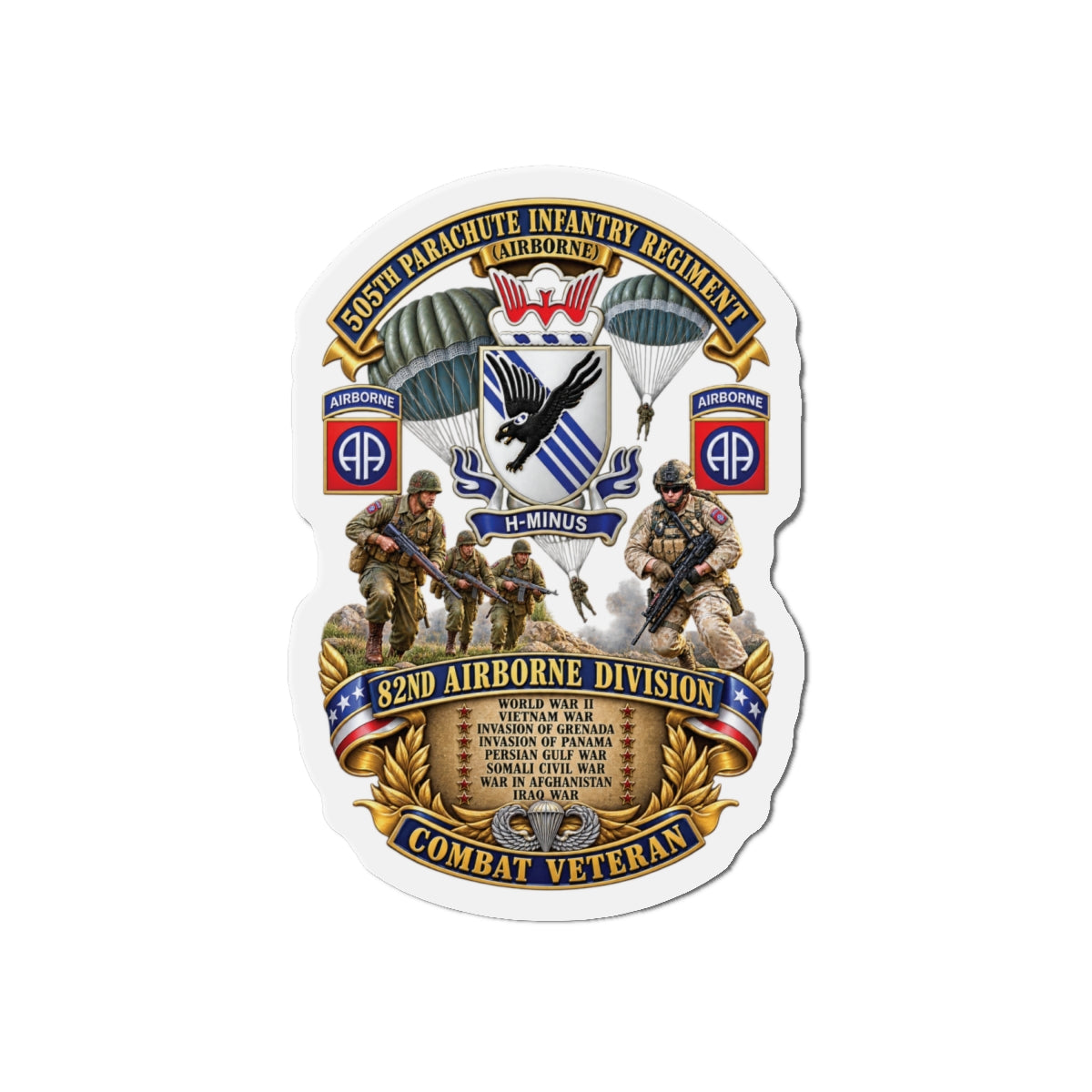 Die-Cut Magnets — Army - Combat Vet w 505th PIR - 82nd Airborne  w Campaigns - Soldiers - SSI - 3D - Enhanced